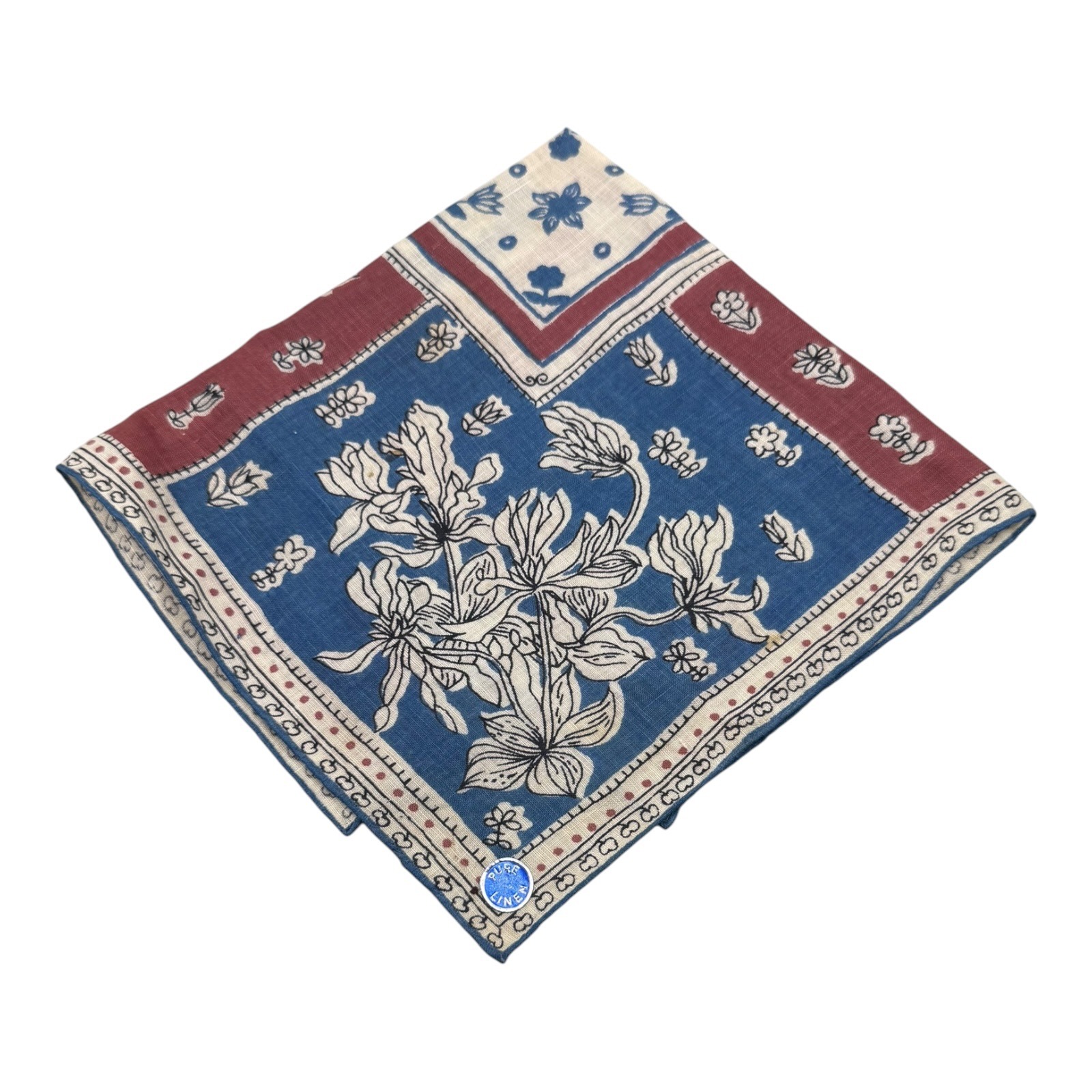 Vintage Fisba Pure Linen Floral Handkerchief Blue Red Swiss Made 12x12